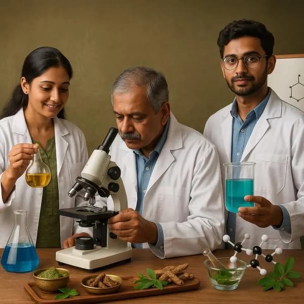 Scientific research in laboratory setting with researchers using microscope and natural ingredients